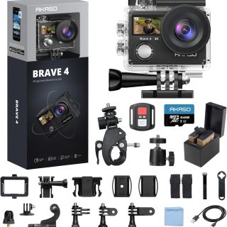 AKASO Brave 4 Action Camera 4K 30fps with 64GB MicroSD U3 Card Bicycle Helmet Accessories Kit Bundle, 20MP Ultra HD 131FT Waterproof Underwater Camera EIS WiFi Remote Control 5X Zoom Sport Cameras